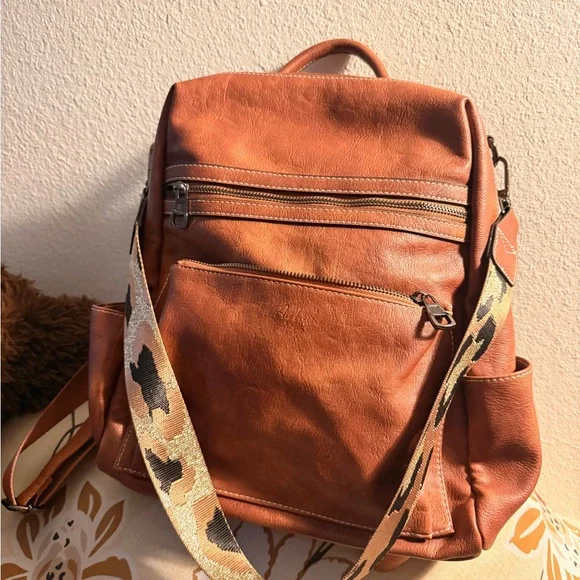Vintage Tan vegan Leather Backpack with Patterned Strap - Picture 2 of 11